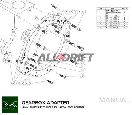 PMC adaptér pre motor Nissan RB RB20 RB25 RB26 RB30 a prevodovky Nissan 350Z Z33 370Z Z34